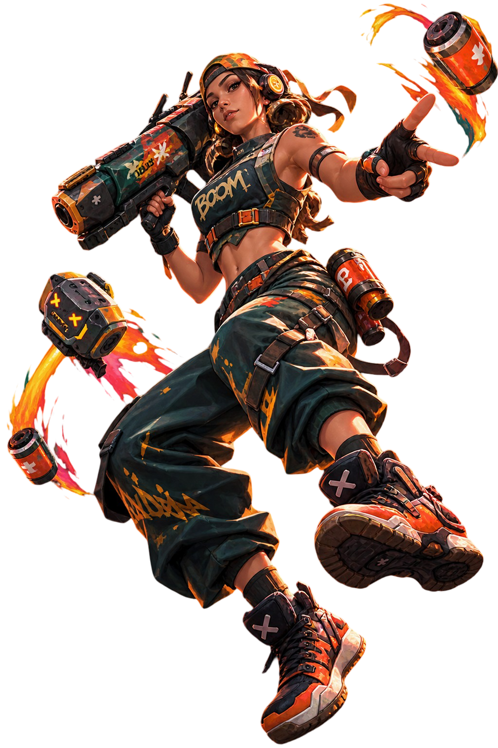 Raze-inspired agent illustration in an explosive action pose